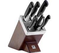 ZWILLING Bloque de cuchillos auto-afilables, 7 piezas, bloque de madera, cuchillos y tijeras con mango especial de acero inoxidable/plástico, Four Star