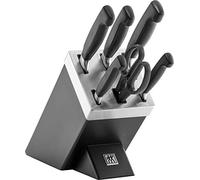 ZWILLING Bloque de cuchillos autoafilables de cuatro estrellas, 7 piezas, cuchillo y tijeras de acero inoxidable especial/mango de plástico, color negro [Fabricado en Alemania]