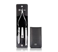 ZWILLING Set de manicura (4 piezas, estuche con botón, cuero auténtico, diseño ergonómico, con alicates para cutículas), acero inoxidable pulido, negro