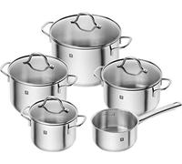 ZWILLING Flow batería de cocina, 5 piezas con tapa de vidrio, apta para inducción, sin revestimiento, acero inoxidable, plata