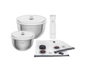 ZWILLING Fresh & Save BOWLS - Juego de iniciación al vacío (9 piezas, cuenco de acero inoxidable, 18 cm, L-24 cm, bolsa, bomba, plata), color blanco y plateado