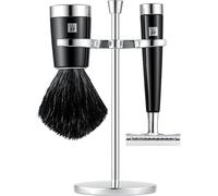 ZWILLING Juego de maquinilla de afeitar con maquinilla de afeitar clásica (3 piezas con brocha de afeitar y soporte, aptas para todas las hojas de afeitar, set de regalo), negro