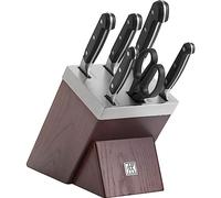 ZWILLING Pro - Bloque de cuchillos autoafilado (7 piezas, fresno, tijeras y cuchillos de acero especial, diseño de 3 tachuelas), color marrón