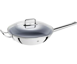 Zwilling Wok, Incluye tapa de vidrio e inserto de rejilla extraíble, Con mango largo, Apto para la inducción, Ø 32 cm, Acero inoxidable