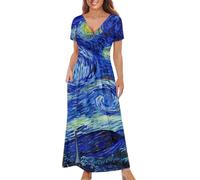 ZWPINITUP Vestido de fiesta de manga corta para mujer, cuello en V, con bolsillos, tallas S-3XL, Van Gogh Starry Night, M