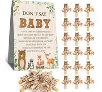 ZWV Woodland Don't Say Baby Game, suministro de juegos de baby shower para niños y niñas, incluye 1 letrero de papel kraft y un paquete de pinzas de ropa de animales del bosque, suministros de fiesta