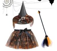 zwxqe Halloween Witch Costume Set Kids, Cosplay Outfit Accessories Broom Hat Skirt, Themed Dress Kit for Children Party Masquerade, Elastic Performance Wear Stage Photoshoots Events Show