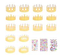 ZWZNBL 16 Sombreros de Corona de Papel Dorado para Fiestas con 111 Pegatinas de Diamantes con Letras de números de Colores con Purpurina, Suministros para Fiestas, Sombreros de cumpleaños para niños
