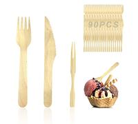 ZWZNBL Juego de tenedor y cuchillo de madera desechable de 90 piezas, que incluye 30 cuchillos de madera, 30 tenedores de madera, 30 palitos de fruta de bambú, madera degradable