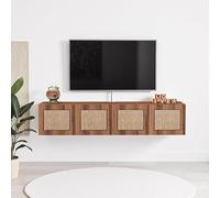 Zxarunas Estante Flotante for TV de Madera Maciza, Mueble for TV montado en la Pared, estantes flotantes de ratán con 4 Puertas, Almacenamiento Grande Debajo(Walnut)