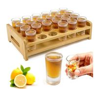 ZXBBTZ 24 PCS Vasos de Chupito de Cristal con Soporte de Bambú, Bandeja para 24 Shots 15-20 ml, Tabla de Servicio para Bar, Fiestas, Discoteca, Set de Vasos Chupito Vidrio para Whisky y Brandy