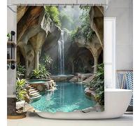 ZXBNNN Cortina de Ducha con diseño de Oasis Tropical y Cascada para baño, transforma el Espacio y es fácil de Limpiar (168x183cm(66,14x72,05 Pulgadas))