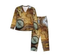 ZXERTG Conjunto de pijama de lujo para mujer con estampado de brújula y mapa del viejo mundo, conjuntos de pijama a juego, para vacaciones y reuniones familiares, Negro, L