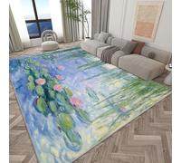 ZXGGASG Green Water Lily Pond Oil Painting Living 140x200 cm Machine Washable Area Rug for Kitchen Bedroom Dining Room Kid and Pet Friendly Carpet with Non Slip Short Pile