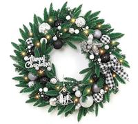 zxhrybh Corona Navideña Preiluminada de 50-60 cm con Bolas, Piñas y Letrero de Feliz Navidad, para Puerta Principal, Decoración de Interiores y Exteriores(Black,23.6in/60cm)