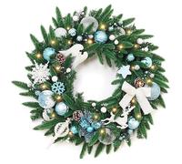 zxhrybh Corona Navideña Preiluminada de 50-60 cm con Bolas, Piñas y Letrero de Feliz Navidad, para Puerta Principal, Decoración de Interiores y Exteriores(Blue,23.6in/60cm)