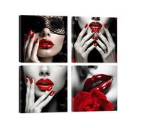 ZXHYWYM Arte de pared negro blanco y rojo, 4 piezas, pintura de mujer con labios rojos, impresión sexy en lienzo para salón de niñas, decoración enmarcada (B, (12 x 12 x 4))