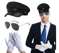 ZXTGBQ 3PCS Accesorios De Ropa Para Pilotos, Sombrero Negro, Guantes Blancos,Gafas De Sol, Accesorios Para La Ropa Del Conductor, Club De ChóFer O Motociclista De GáNgster Para Carnaval Halloween