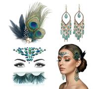 ZXTGBQ 6 Piezas Disfraz De Pavo Real Accesorios Para Mujer Con Tocado Y Pendientes De Plumas De Pavo Real Azul Verde, Cara De Diamantes De ImitacióN Para Fiesta TemáTica De Carnaval