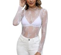 ZXTGBQ Camiseta Rejilla Crop Tops Sexy de para Mujer Encaje Transparente Blusas Elegantes Manga Larga Cuello Alto Falso Fiesta Club Casual Festival Discoteca