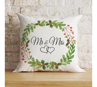 Zyadsinoudor Funda de almohada con frases y frases de Mr & Mrs, funda de almohada decorativa de corona floral verde, almohada decorativa para el hogar, algodón y lino, 16 x 16 pulgadas, divertidas