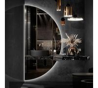 ZYBOWAYL Antivaho Espejo de Pared de Baño HD 80/100/120 cm, Media Luna Espejo LED de Maquillaje Inteligente con 3 Luces de Color, Interruptor Táctil(Left Cut,47x24in)