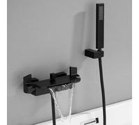 ZYCDP Grifo de Bañera de Pared Negro Latón con Doble Mando | Grifo Bañera Cascada agua Caliente y agua Fria con Ducha de Mano y Desviador