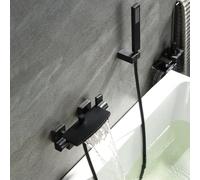 ZYCDP Grifo de Pared Bañera Doble Mando Negro de Laton | Grifo Bañera y Ducha Cascada agua Caliente y Fria con Alcachofa de Mano y Desviador