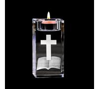 ZYDYRX Portavelas Cristal con Cruz 3D y Grabado Biblia Transparente Portavelas Católico para Bodas Iglesias Oraciones Decoración de Mesa Meditación 5 x 5 x 8 cm