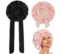 ZYEKIU 2 Piezas Gorros De Satén para Dormir Gorro Dormir pelo Rizado Gorro Saten pelo Rizado Silk Bonnet for Sleeping Gorros Ajustable De Dormirs Seda Con Banda Ancha para Mujeres Niñas (Negro y Rosa)