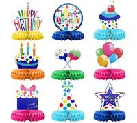 ZYEKIU 9 Pcs Decoracion Cumpleaños Confeti Centros Decorativos de Mesa Feliz Cumpleaños Decoracion Niñas Hombre Mujer Papel Panal Nido Abeja 3D Multicolor Estrella Tarta Gorro Caja Regalo Globo Vela