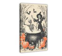 ZYGNBHL Póster de esqueleto y bruja con impresión de tres brujas, arte imprimible de Halloween, decoración de pared de bruja espeluznante, póster de bruja, arte de temporada espeluznante, lienzo de