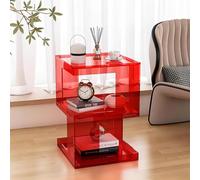 ZYJIX Mesita De Noche Moderna De Acrílico Transparente - Mesa Auxiliar Pequeña De 3 Niveles con Almacenamiento para Sala De Estar Dormitorio - Mesa De Centro De Diseño Transparente(Color:Rojo)