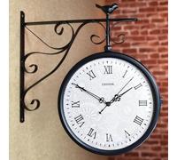 ZYJIX Relojes Industriales De Doble Cara: Reloj De Pared para Jardín Al Aire Libre, Reloj De Estación De Tren Vintage con Soporte De Estación Reloj Colgante De Hierro Forjado, Rotación De 360 °