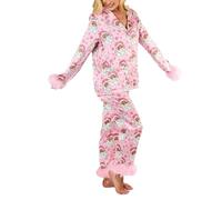ZYKEJJDDAK Conjunto de pijama de satén de seda de Papá Noel para mujer, con ribete de piel, manga larga, 2 piezas, camisón con botones, ropa de descanso, conjunto de pijamas de Papá Noel de Navidad, C