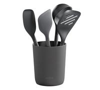 Zyliss Juego de 5 Utensilios de Cocina de Silicona y Paja de Trigo Duraderos con Cucharón, Espátula, Cuchara y Soporte, Cabezales de Silicona Resistentes al Calor, Color Gris Beluga