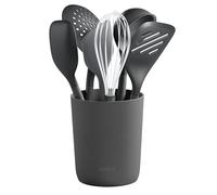 Zyliss Juego de 7 Utensilios de Cocina de Silicona y Paja de Trigo Duraderos con Cucharón, Espátula, Cuchara y Soporte, Cabezales de Silicona Resistentes al Calor, Color Gris Beluga