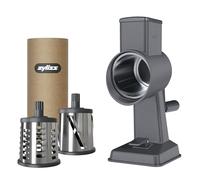 Zyliss Rallador de Queso Giratorio Gourmet, Aluminio Fundido, 3 Tambores de Acero, Rallador Cocina para Verduras, Queso, Nueces, Chocolate, Tomate con Manivela, Base de Succion y Abrazadera para Mesa