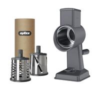 Zyliss E900057 - Rallador de queso giratorio, aluminio, 3 cuchillas de tambor de acero, queso, verduras, chocolate, frutos secos, rallador de frutas con asa, pie de succión antideslizante y abrazadera