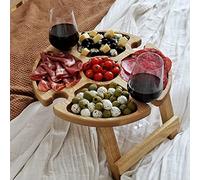 ZYLLZY Mesa de picnic plegable de madera para exteriores con soporte para copas de vino tinto, plato portátil con compartimento para queso y frutas, mesa plegable para viajes, jardín, playa pequeña