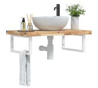 zylophax Estante de Lavabo de Pared Acero Blanco con encimera Madera Maciza de Acacia 60x50 cm para baño, Organizador de tocador y Almacenamiento de cosméticos en rincón