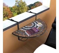 zylophax Mesa de balcón Colgante Mosaico Terracota y Blanco con Estructura de Hierro Plegable para terraza y barandilla hasta 18 cm Ideal para jardín y Patio
