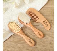 ZYMECH Juego de cepillos de pelo de bebé personalizados de madera natural para recién nacidos, flor de cumpleaños personalizada con nombre, cepillo de pelo infantil para nacimiento/bautizo/cumpleaños