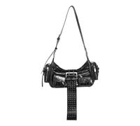ZYMIADOU Bolso cruzado casual para motocicleta, estilo punk, remaches, con hebilla, de piel sintética, con cremallera, para mujer, bolso de mano de piel sintética, Black, One Size