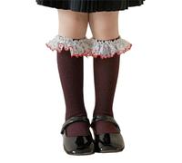 ZYMIADOU Calcetines largos de encaje con volantes para niñas de 3 a 13 años, transpirables, medias de pantorrilla y rodilla para niños pequeños, rojo vino, Altoa única