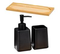 ZYMIADOU Juego de 3 dispensadores de jabón de cerámica que incluye bandeja de almacenamiento y taza para cepillo de dientes para decoración de encimera de baño, organizador de baño