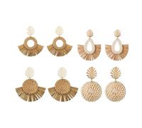 Zymoplas 6 pendientes de ratán geométricos de servicio prolongado hechos a mano de moda de mimbre de paja diseño único Material Premium pendientes, conjunto de ratán, tamaño libre