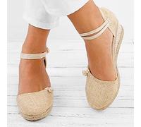 ZYONG Sandalias de Cuerda de cáñamo de Paja para Mujer, Sandalias Retro de Lona de Lino con Punta Redonda, Sandalias Informales, Zapatos para Solteros, Elegante Sandalia de Punta Cerrada