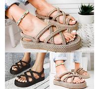 ZYONG Sandalias de Mujer Sandalias de Verano con Trenza Cruzada de Cuerda de Lino Bohemio Sandalias de Playa de Fondo Grueso de Moda Chanclas