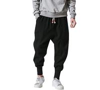ZYPAINIY - Pantalón Sarouel de Lino y Algodón para Hombre, Pantalón Japonés Informal de Color Sólido, Pantalón Baggy con Cintura Elástica para Hombre, Negro , M